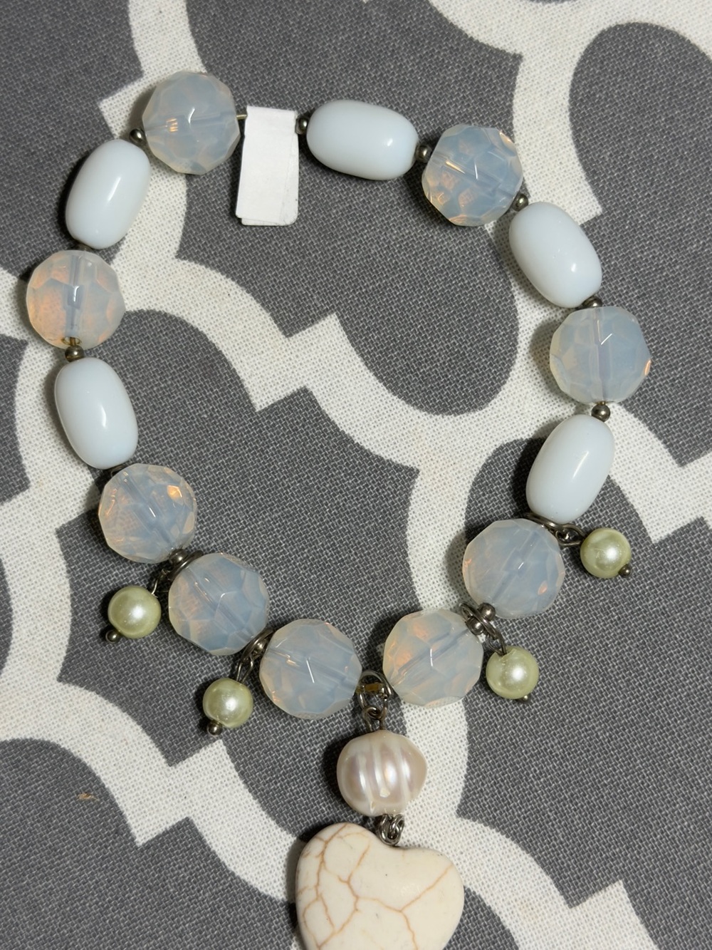 Handcrafted White Opal Bead Heart Pendant Bracelet - Unbranded